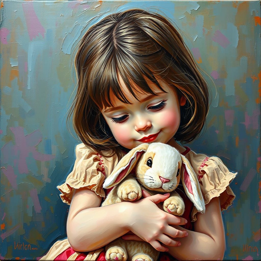 Little Girl Holding Her Stuffed Bunny in Neo-Impressionist S...