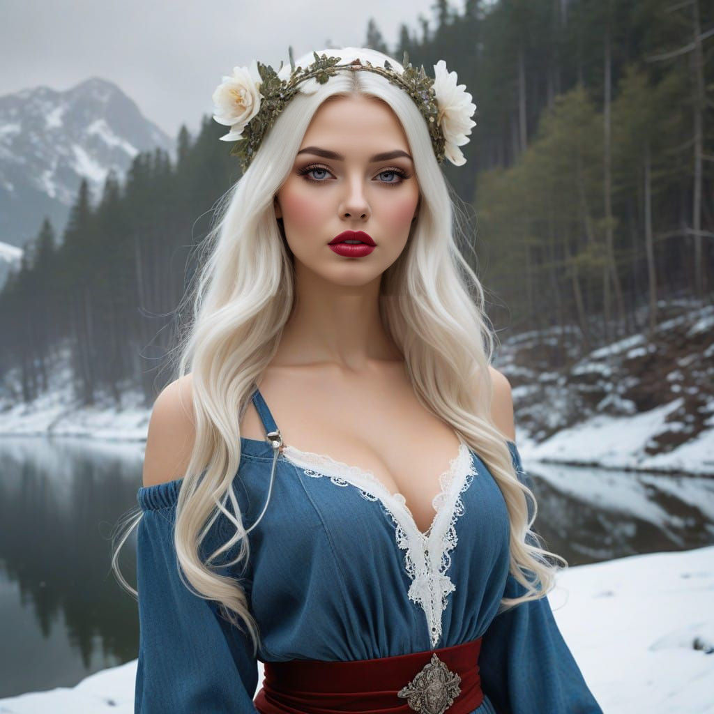 Violet-Eyed Slavic Goddess Dances Under Snowy Moonlight