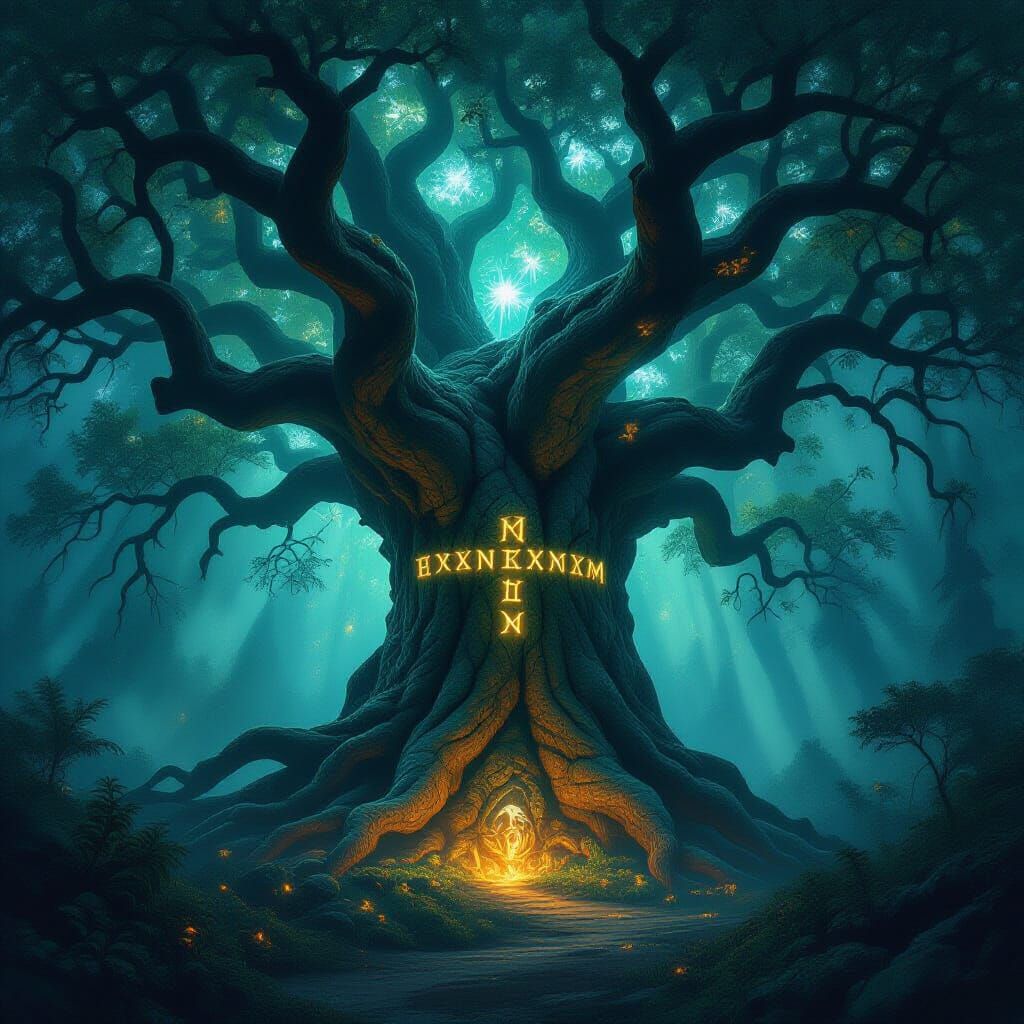 Ancient Nebula Tree with Glowing Runes in Dark Fantasy Style