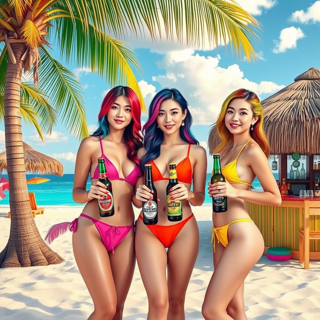 Young Women on Beach in Takashi Murakami Style