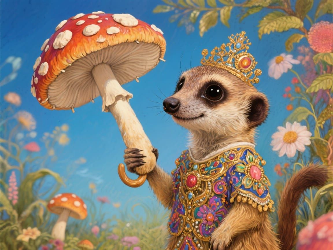 Meerkat with Toadstool Umbrella in Whimsical Style