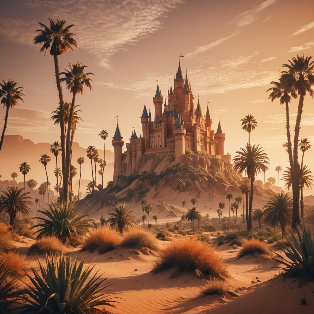 Surreal Fantasy Desert with Majestic Castle at Sunset