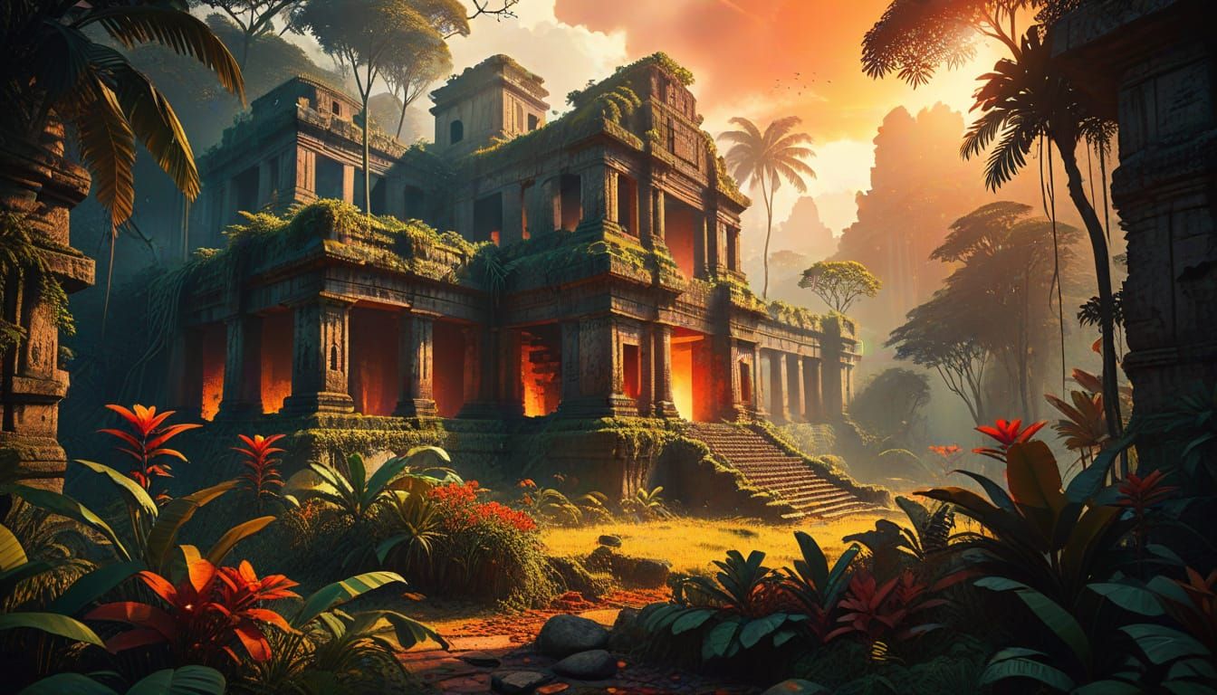 Ancient Jungle Sanctuary in Vibrant Hues