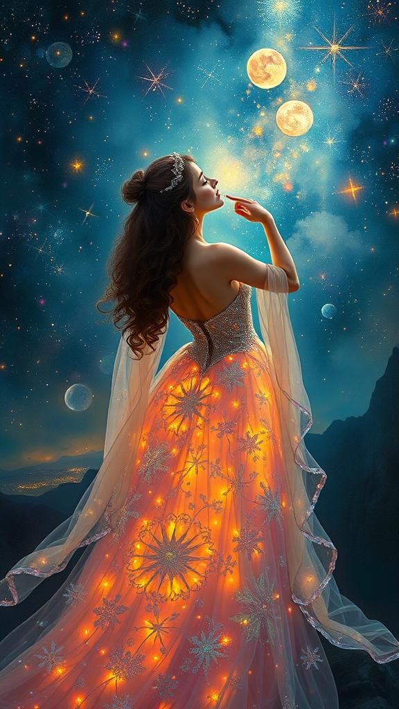 Ethereal Woman Stargazing in Art Nouveau Style