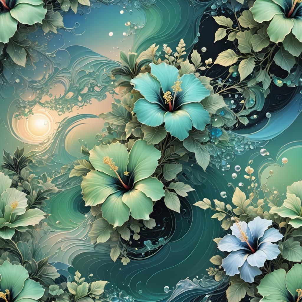 Filigree iridescent pastel green blue white black hibiscus d...