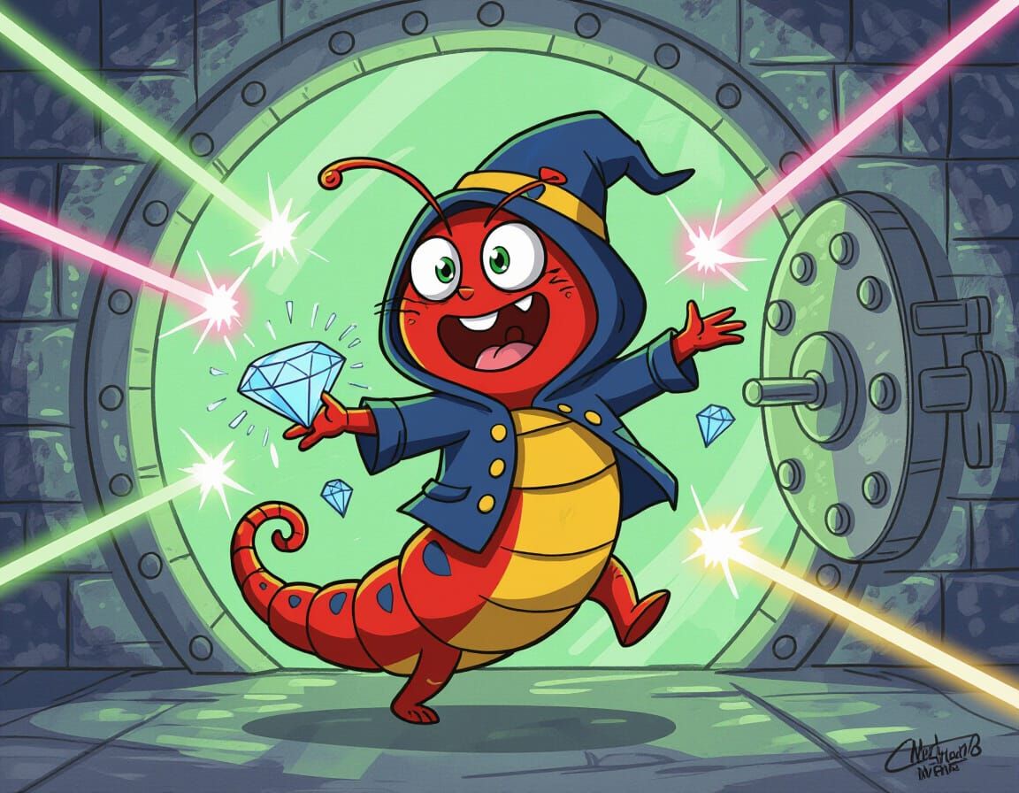 Cartoon Caterpillar Thief Dodging Lasers