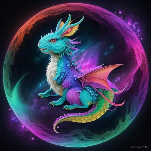 Hyper realistic cute fluffy dragon rabbit in a vividly colorful nebula, hyper detailed, dynamic lighting, 8k, Unreal Eng...