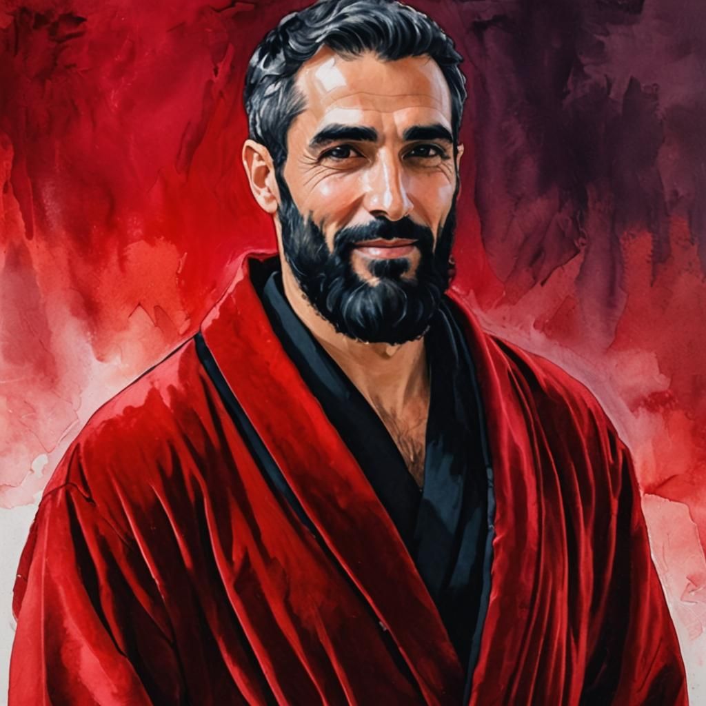 Smiling Man in Velvet Robes: Impasto Oil Portrait