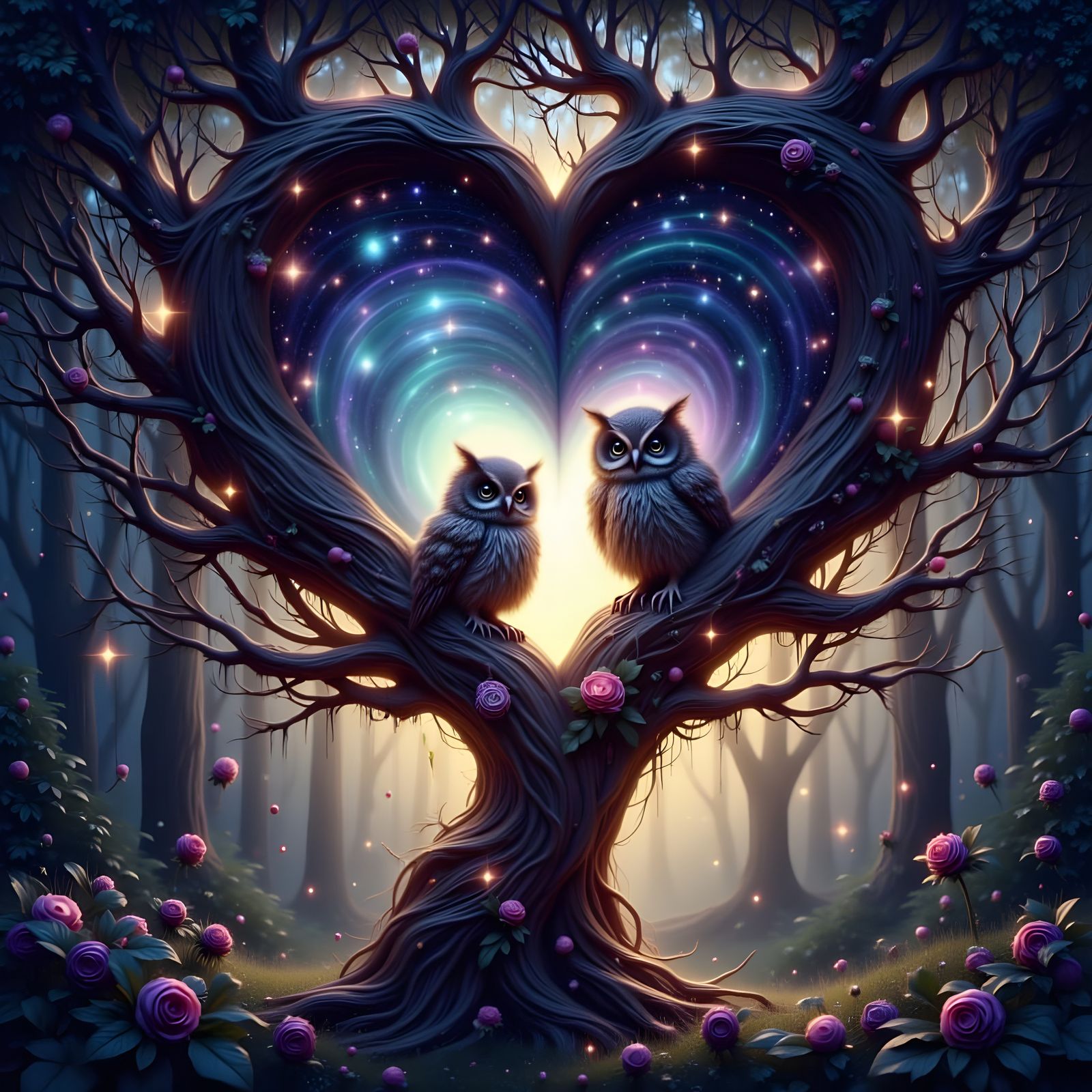 Enchanted Owl Amidst a Heart-Shaped Cosmic Portal