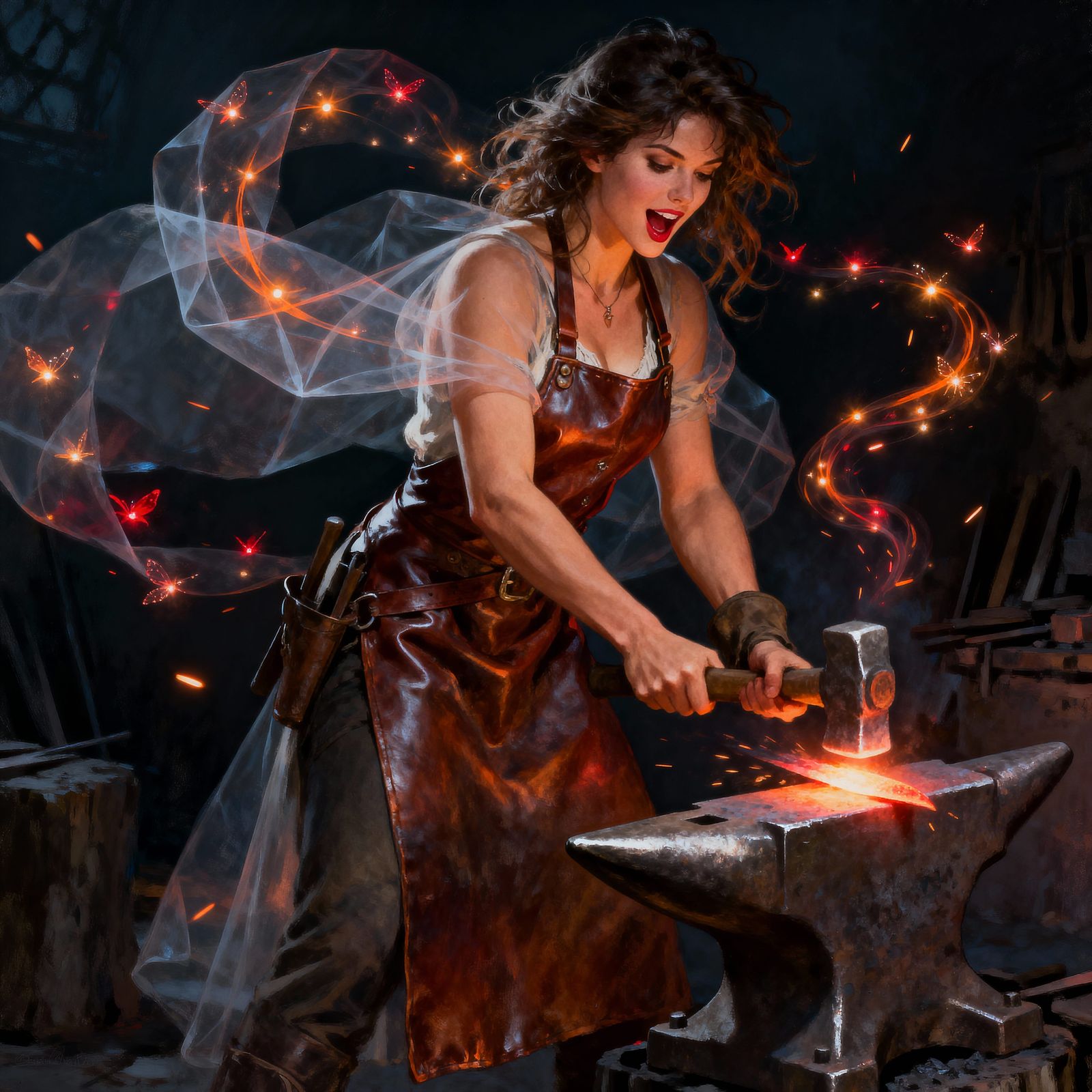 Female Blacksmith Forging Metal in Romantic Illustration Sty...