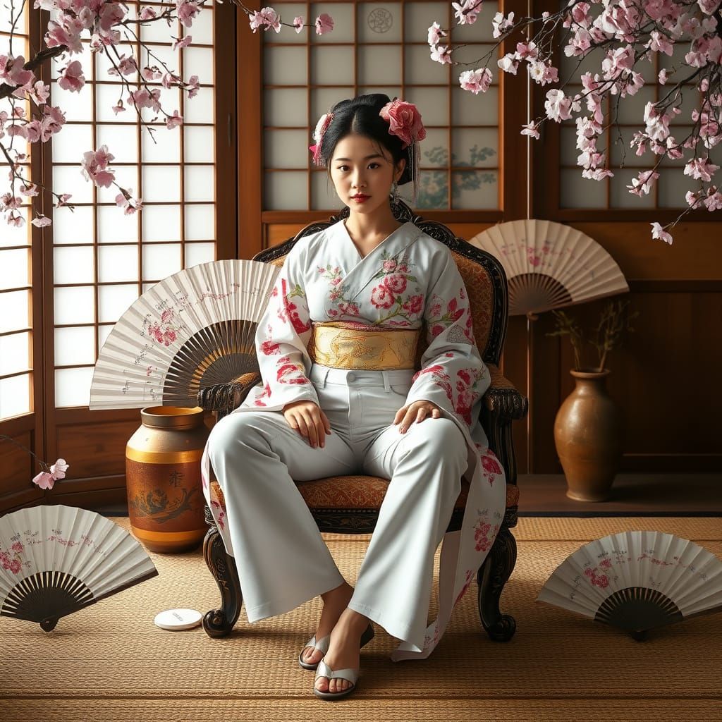 Geisha Beauty in Modern Attire with Cherry Blossoms
