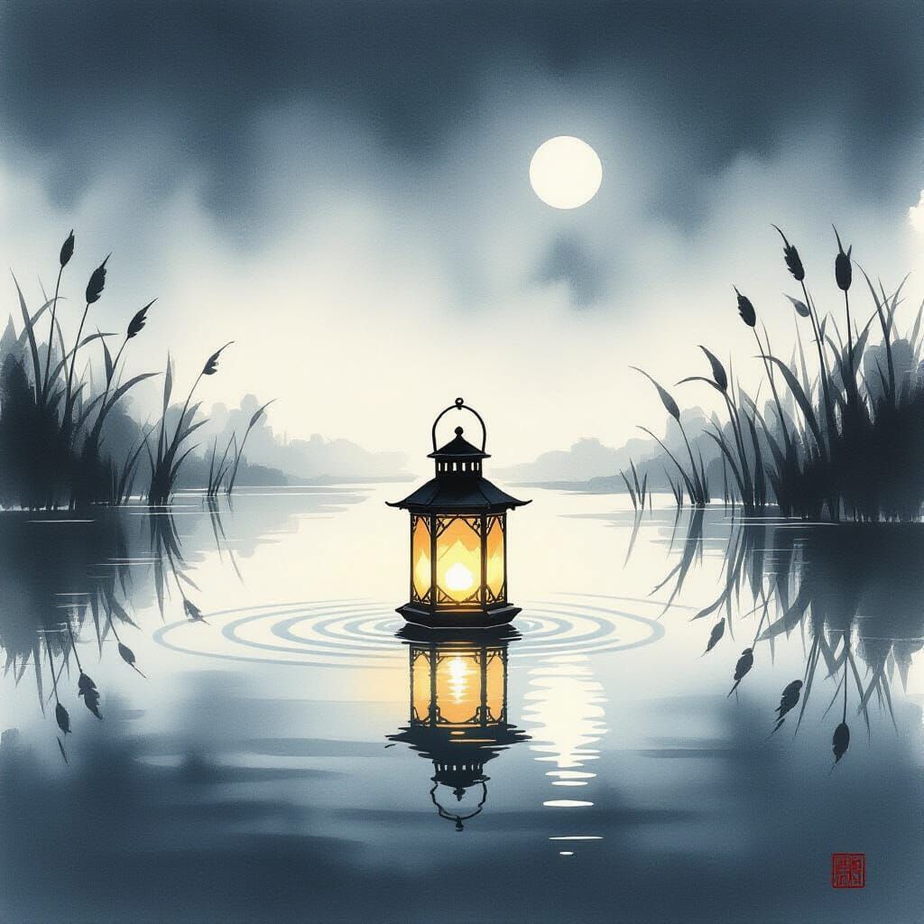 Lantern of Hope on Still Pond Ink Wash Painting