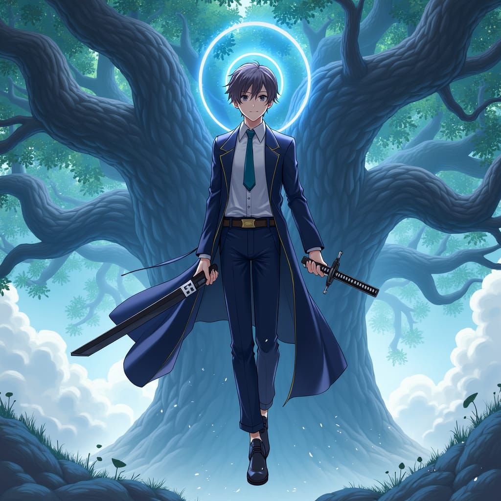 Anime Style: Young Man with Katana and Halo