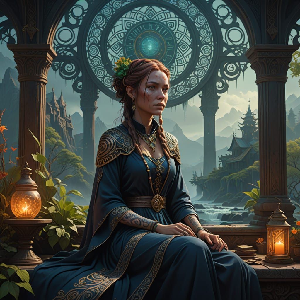 Mystical Tattooed Woman in Dreamlike Fantasy Setting