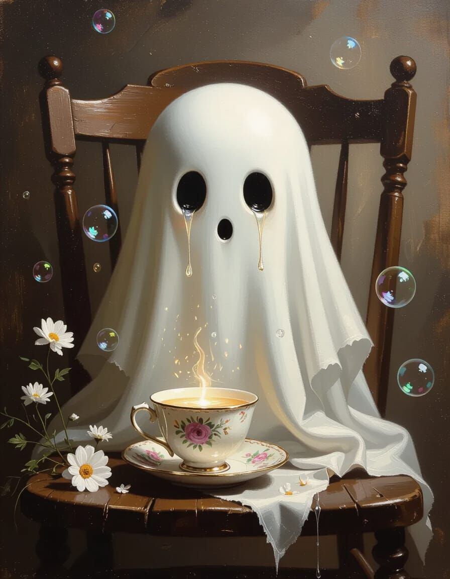 Ghost in Oil Painting With Glowing Tears on Antique Chair