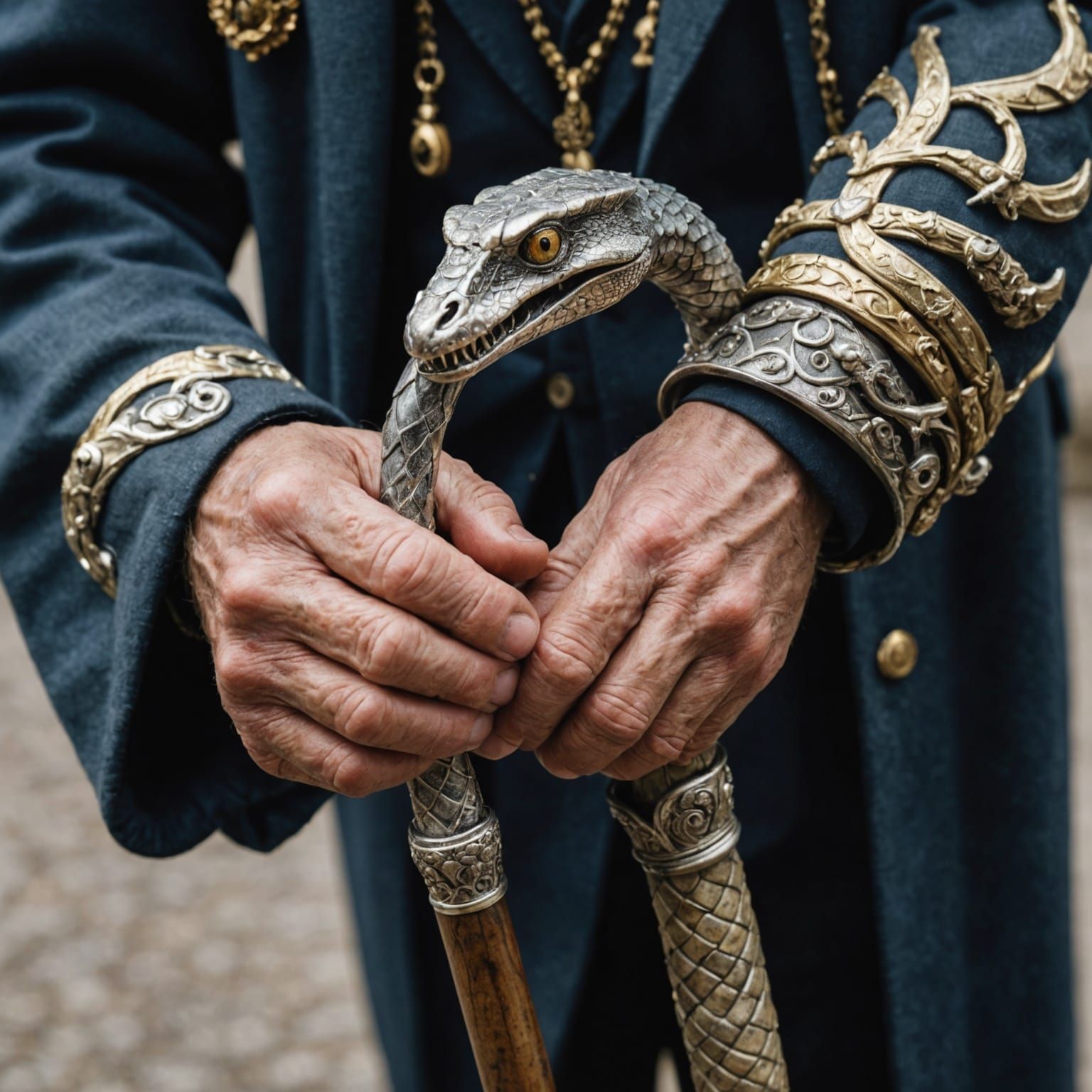 Ornate Walking Stick Held by Elderly Hand