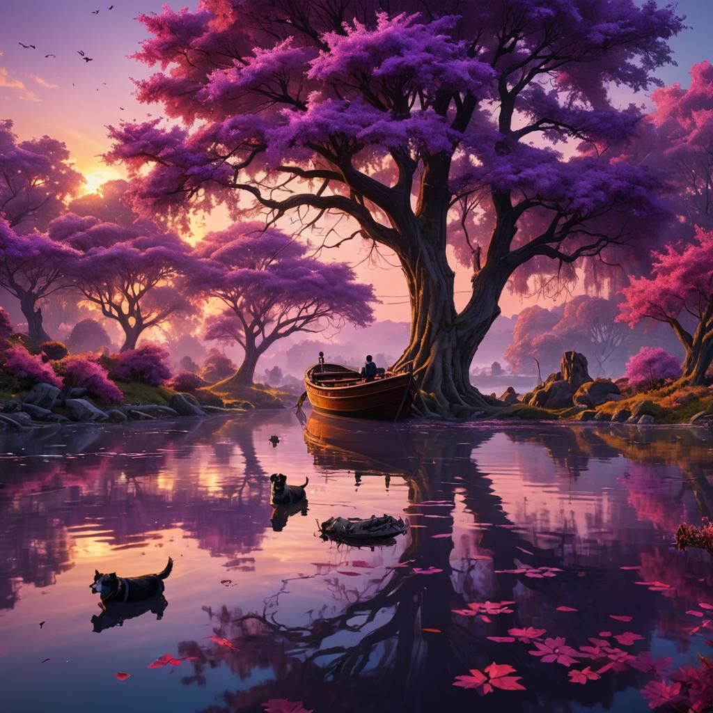 Sunset Boat Ride with Purple Trees: Fantasy Art
