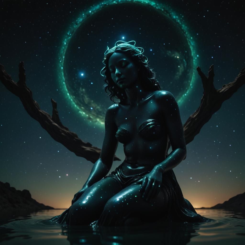 Black Rubber Venus Swimming in Milky Way: Surreal Art