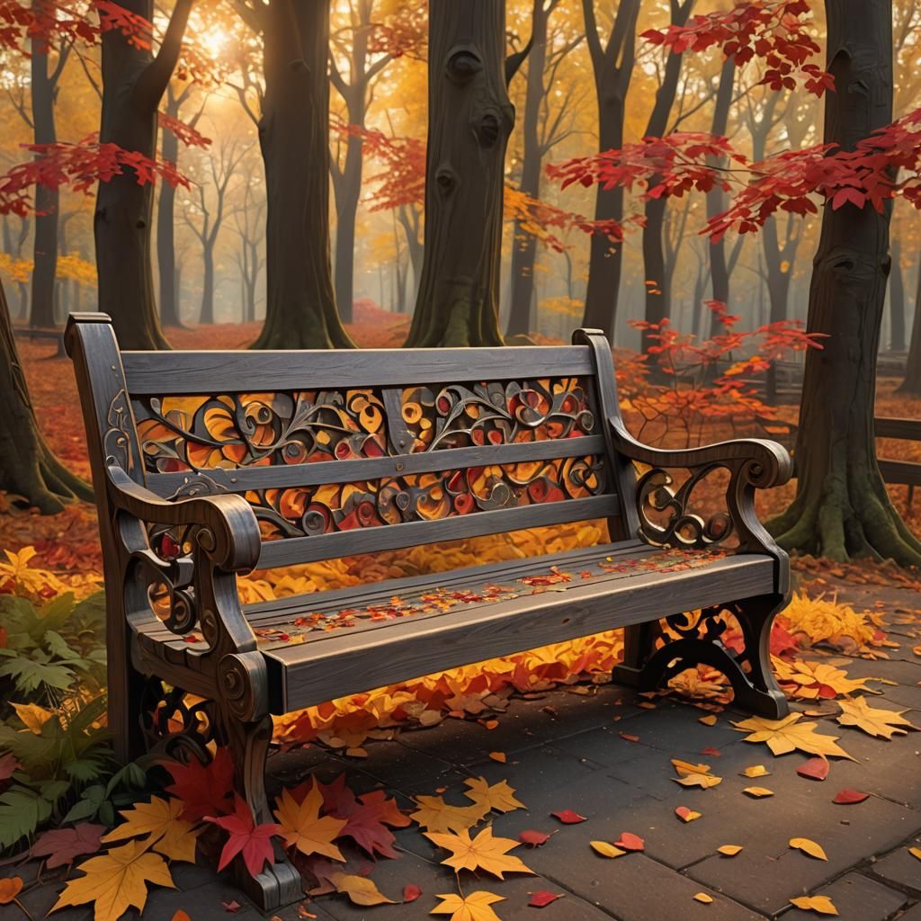 Autumn Forest Bench in Abstract Vector Fractal Style