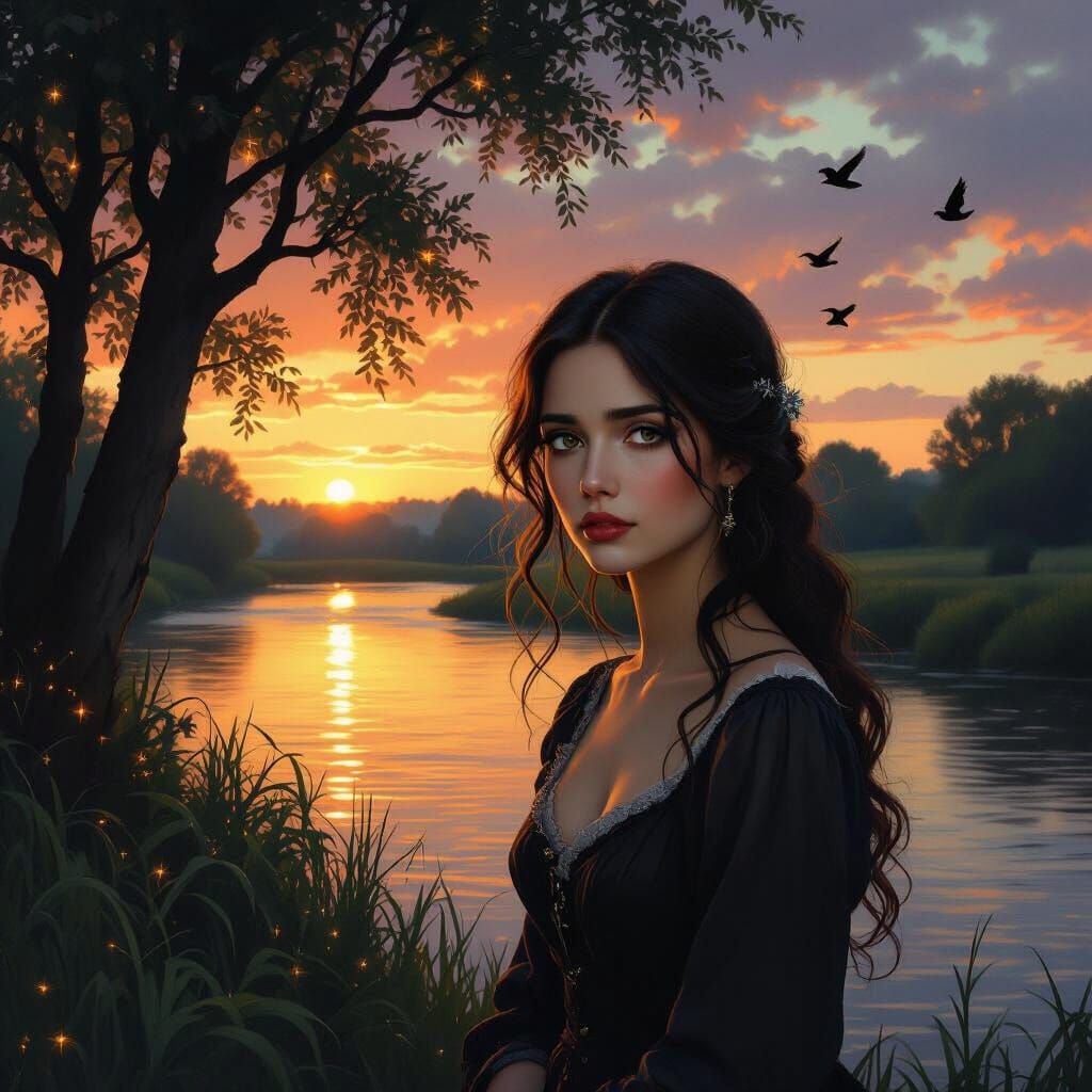 Sad Woman by River at Sunset in Painterly Style
