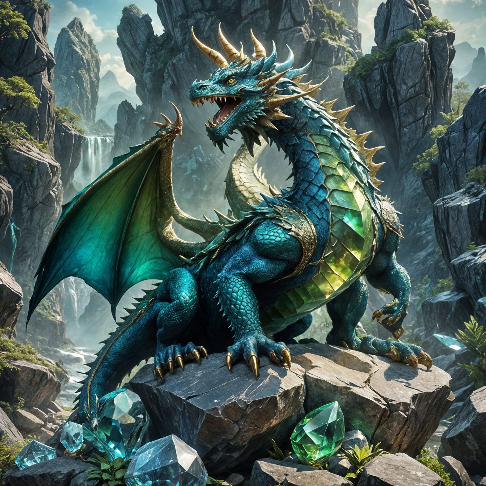 Blue and Green Dragon on Crystal Rock