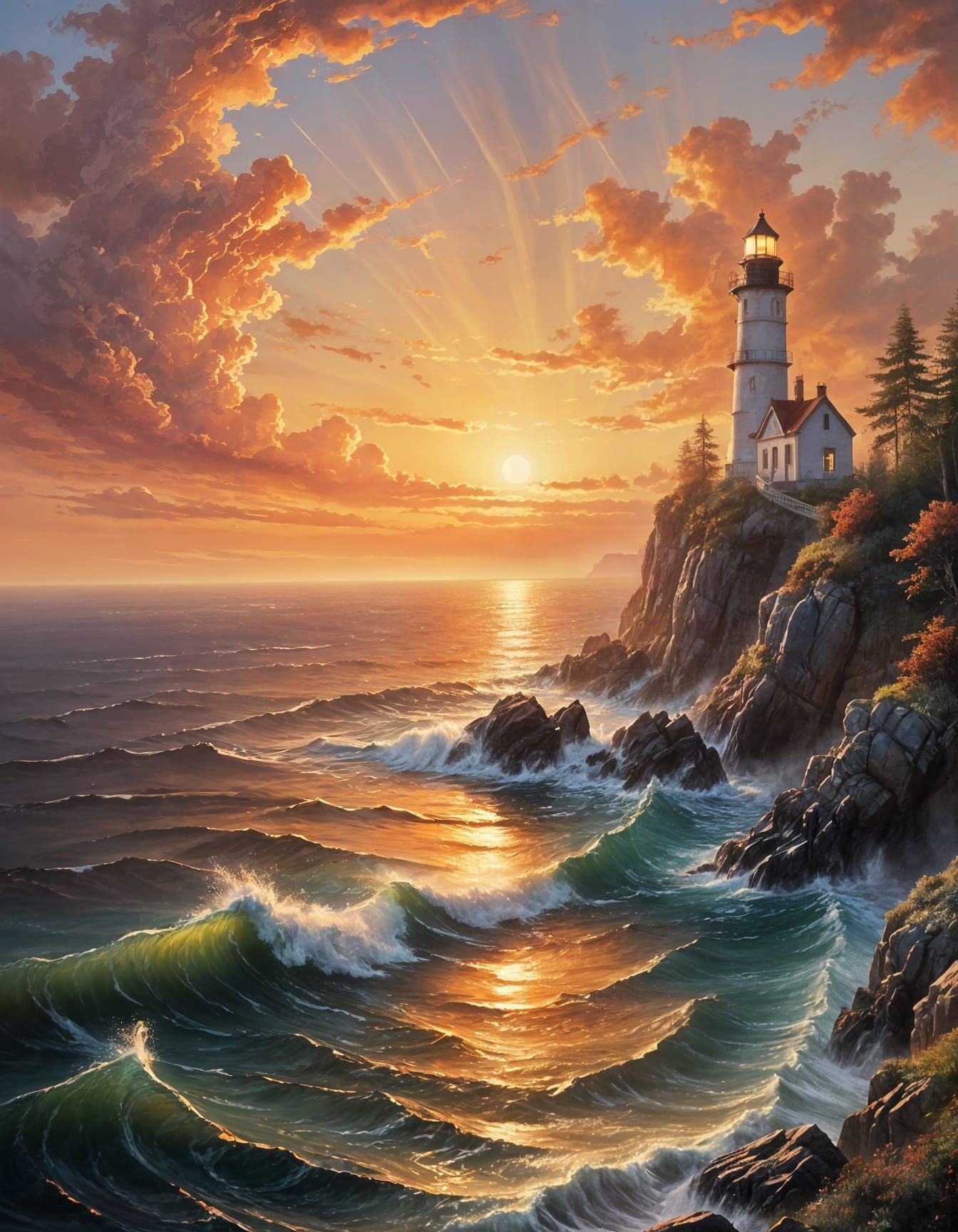 Lighthouse Sunset: Romantic Oil Painting Seascape