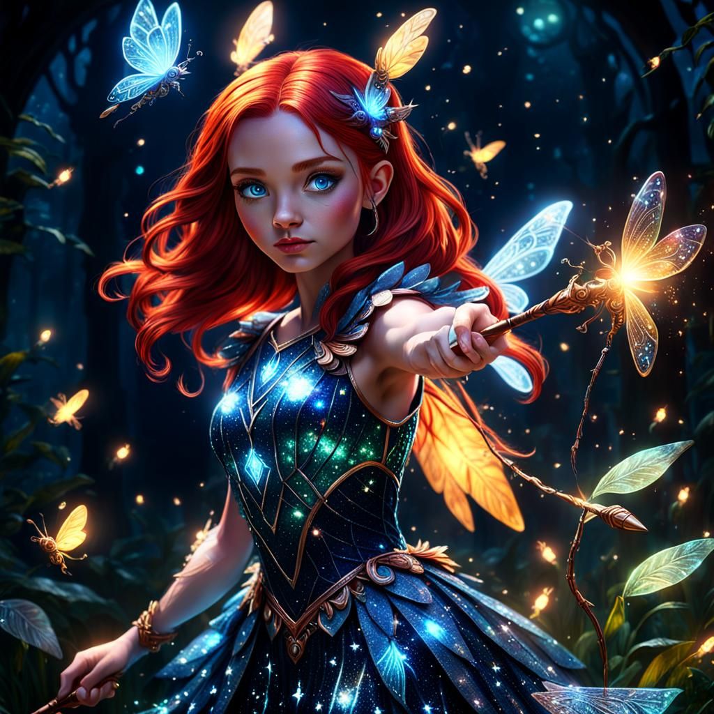 Magic Girl with Firefly Guardian in Fantasy Art