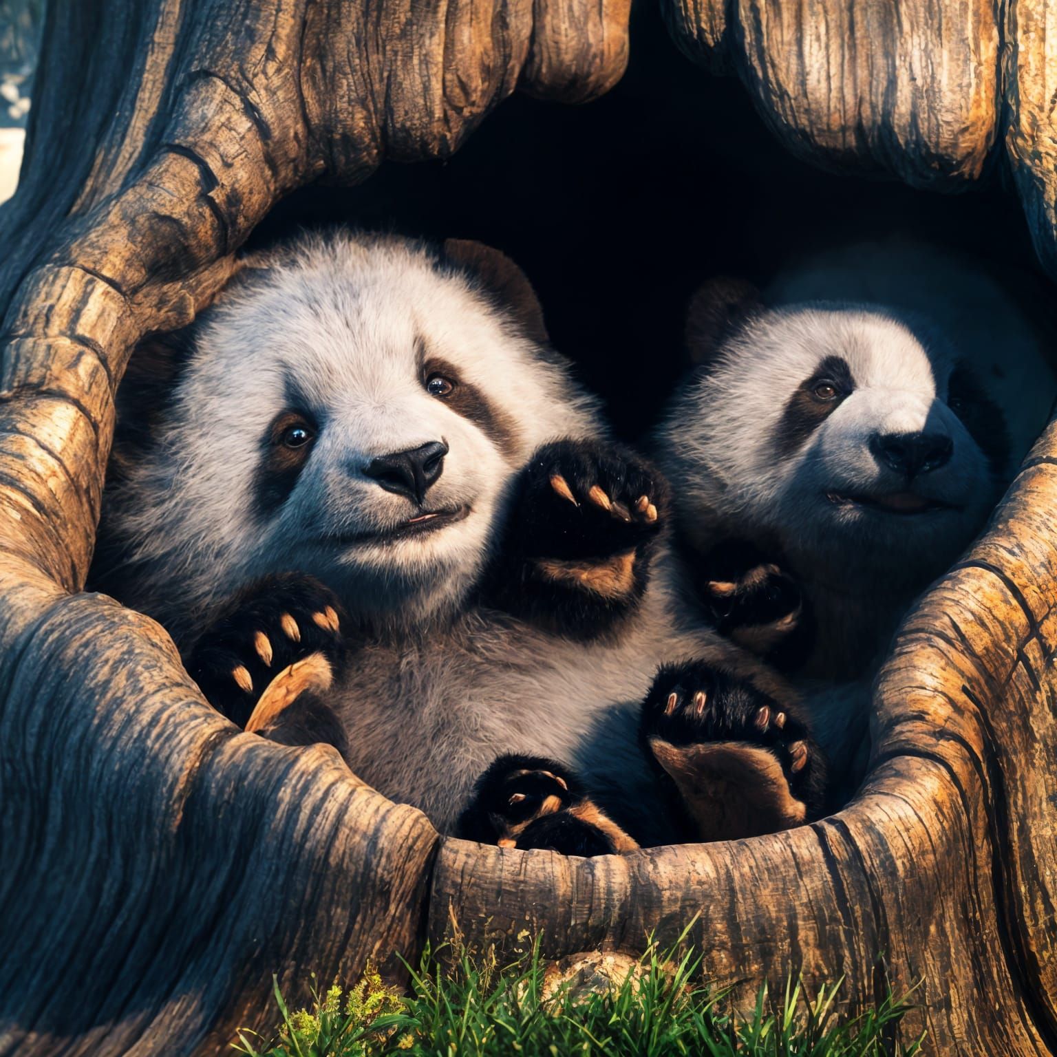 Panda Cubs in Autumn Forest Hollow