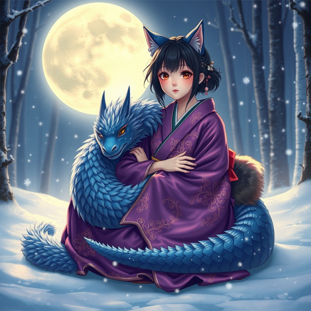 Japanese Woman and Blue Dragon in Snowy Forest