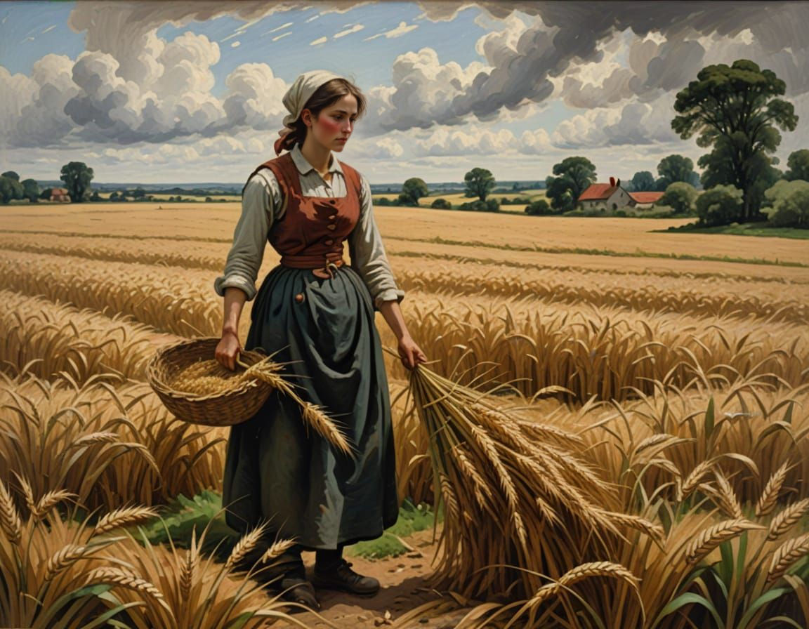 Lone Fieldworker Gathering Wheat, Classical Oil Painting