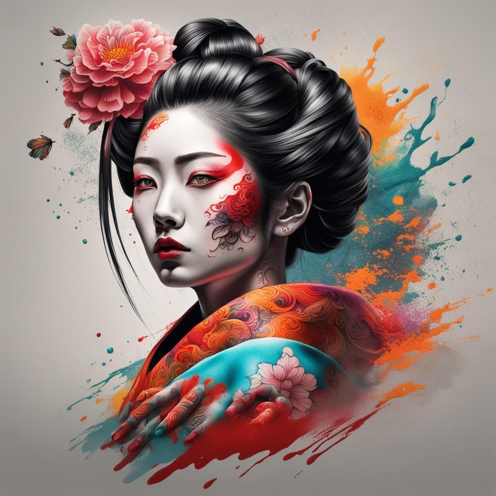 Hyperrealistic Geisha with Tattoo in Splash Art Style