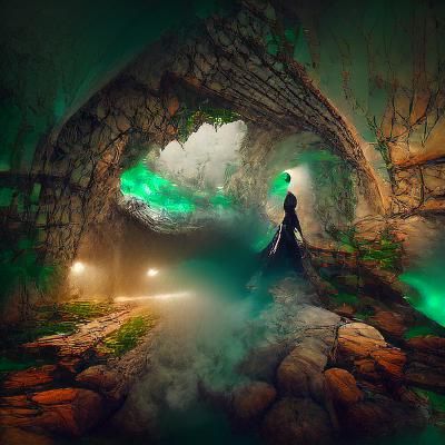 Mystical Emerald Cave with Green Smoke
