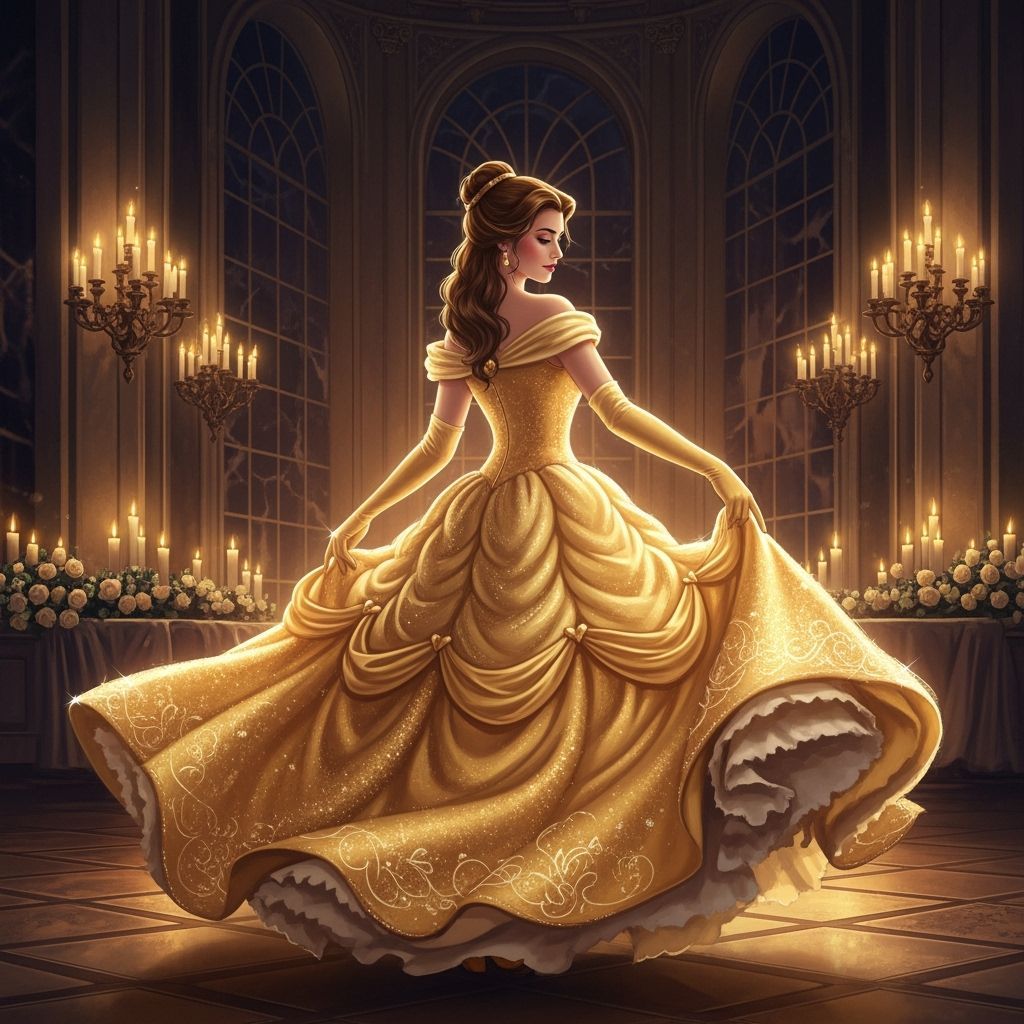 Elegant Woman in Golden Ball Gown in Candlelit Ballroom