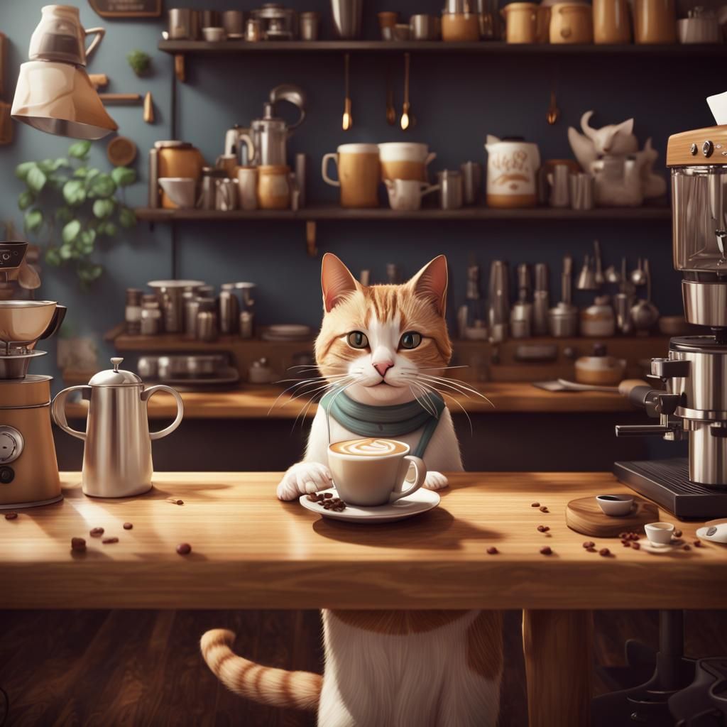 Cat Barista Creates Latte Art, Matte Painting