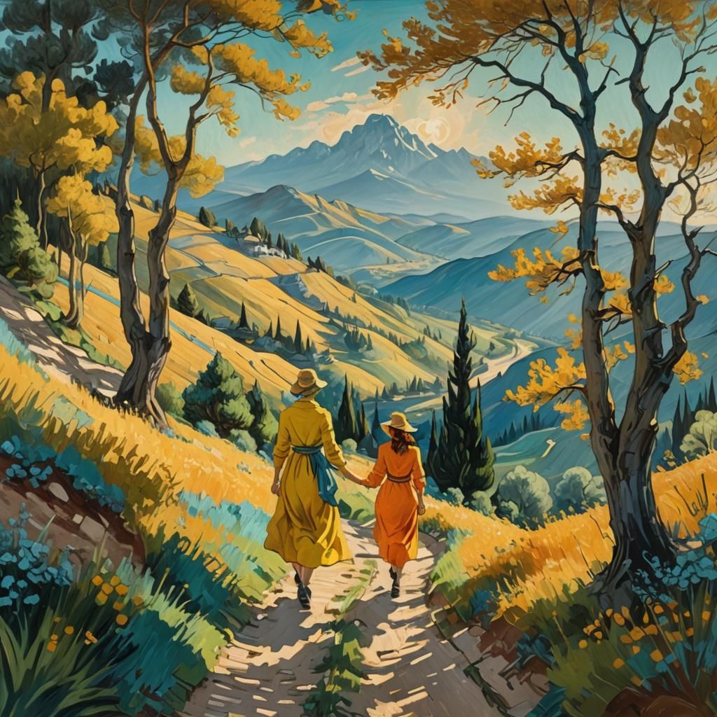 Girl Climbs Mountain Path in Impressionistic Style