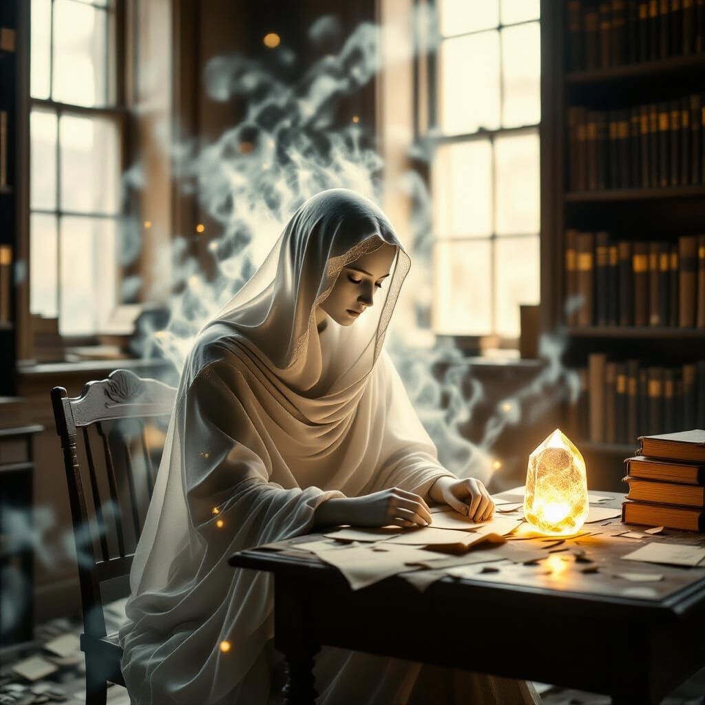 Ethereal Figure in Dusty Library, Surreal Art