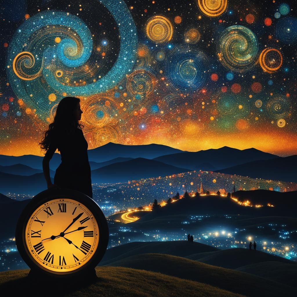 Clock and Woman Under Starry Sky in Klimt Style