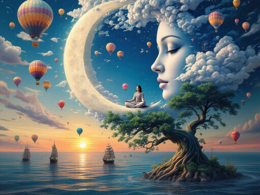 Serene Wisdom Illuminates Surreal Landscape in Whimsical Fan...