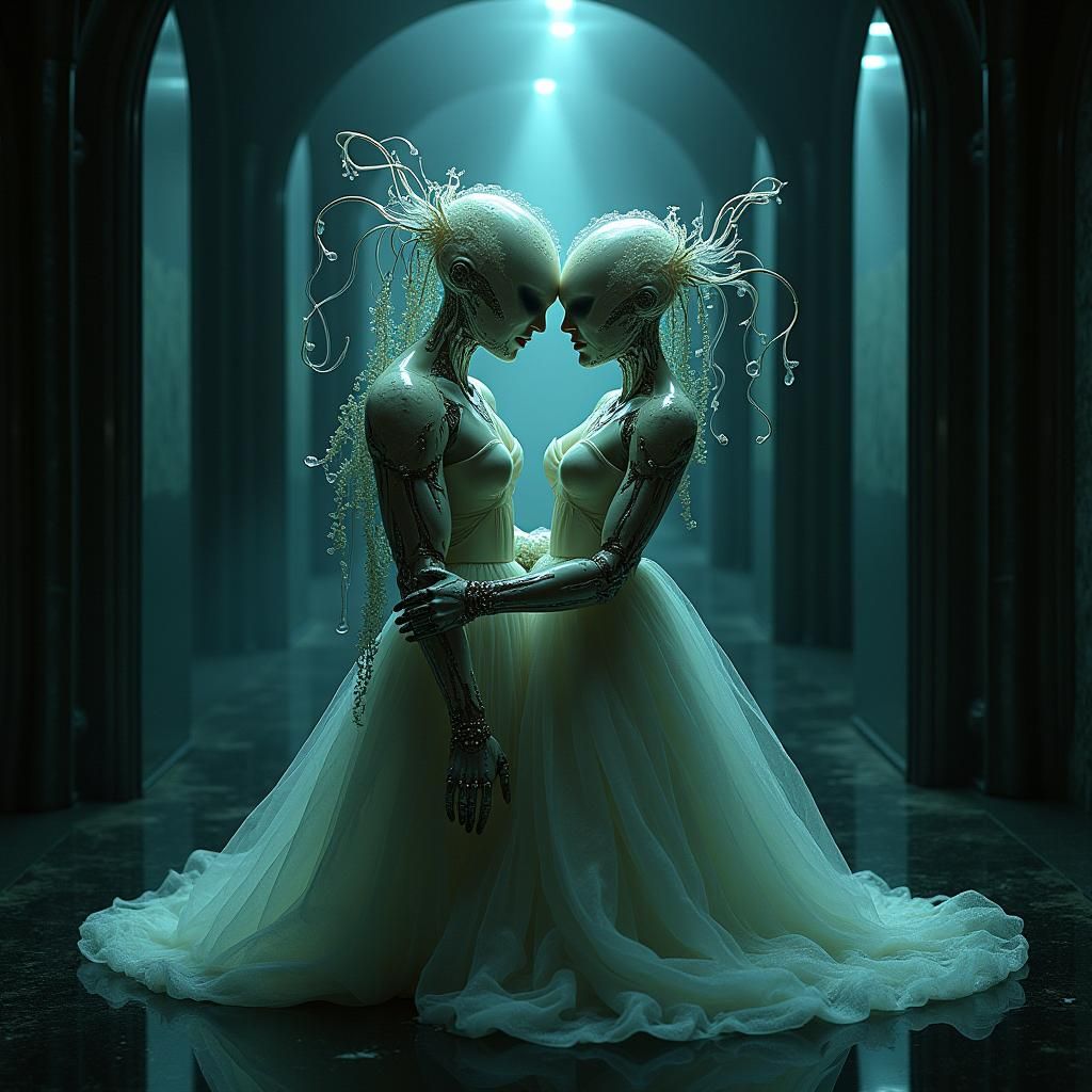 Bio-Mechanoid Couple's Ethereal Embrace in Dark Sci-Fi