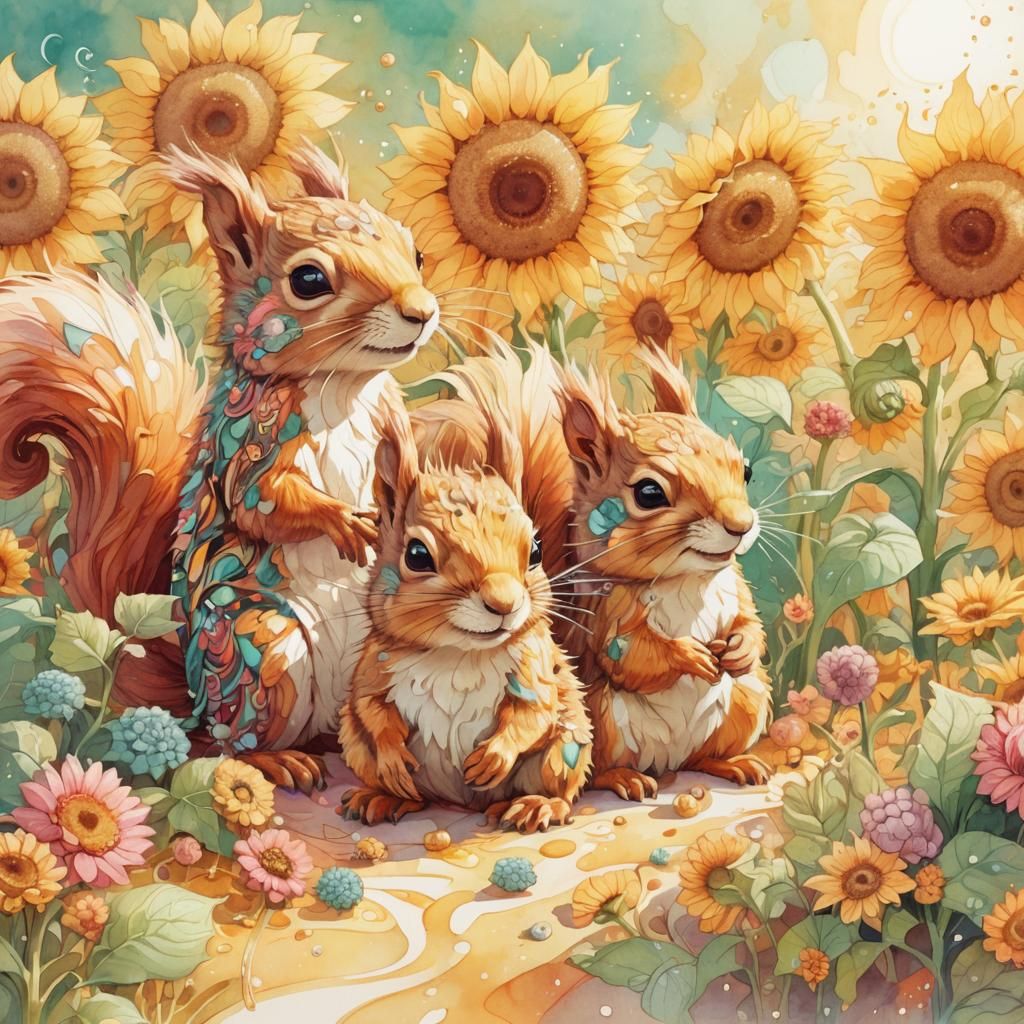 Squirrels in Sunflower Wonderland: Whimsical Gouache Illustr...