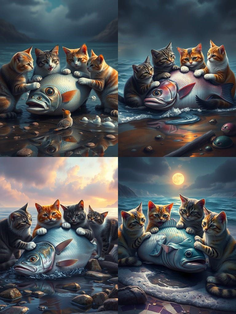 Whimsical Cats Feast on a Surreal Shore