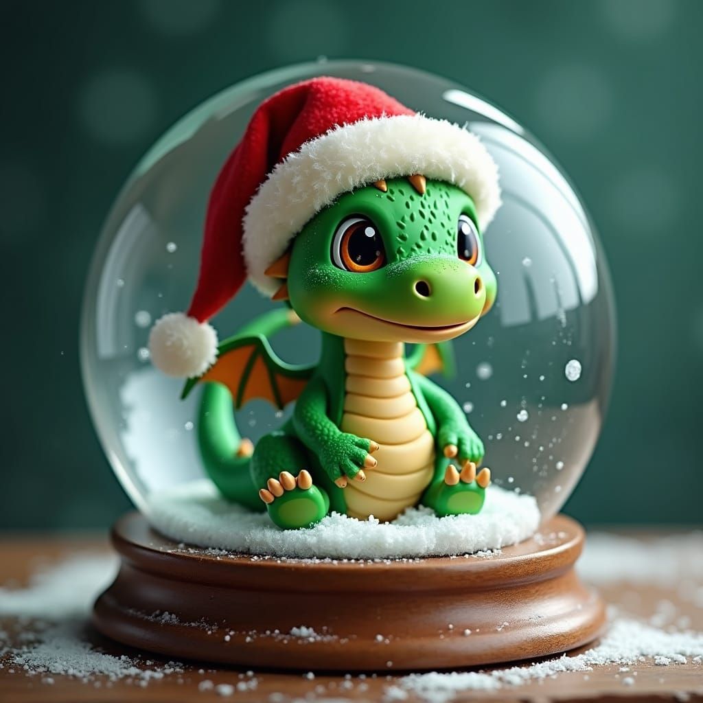 Festive Green Dragon in a Snow Globe