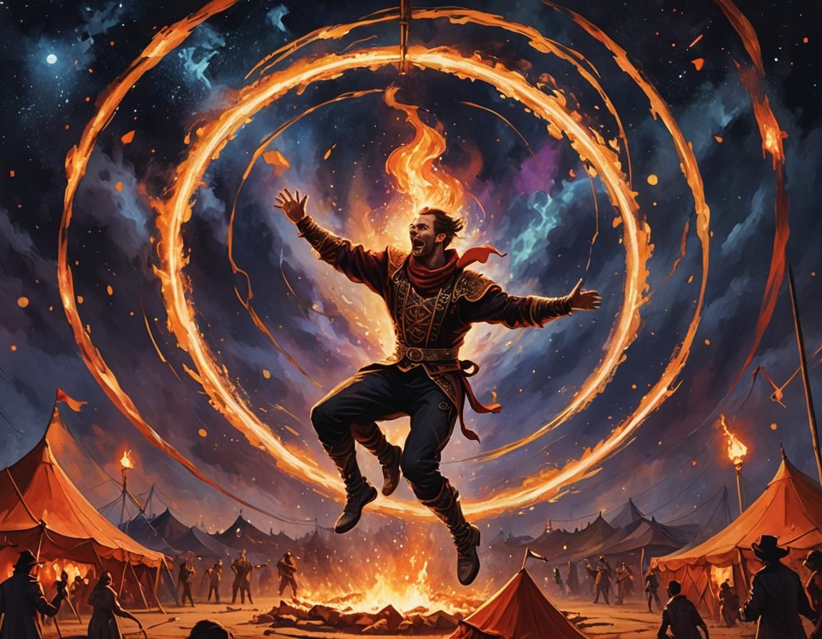 Acrobat Jumps Through Fire at Mystical Circus