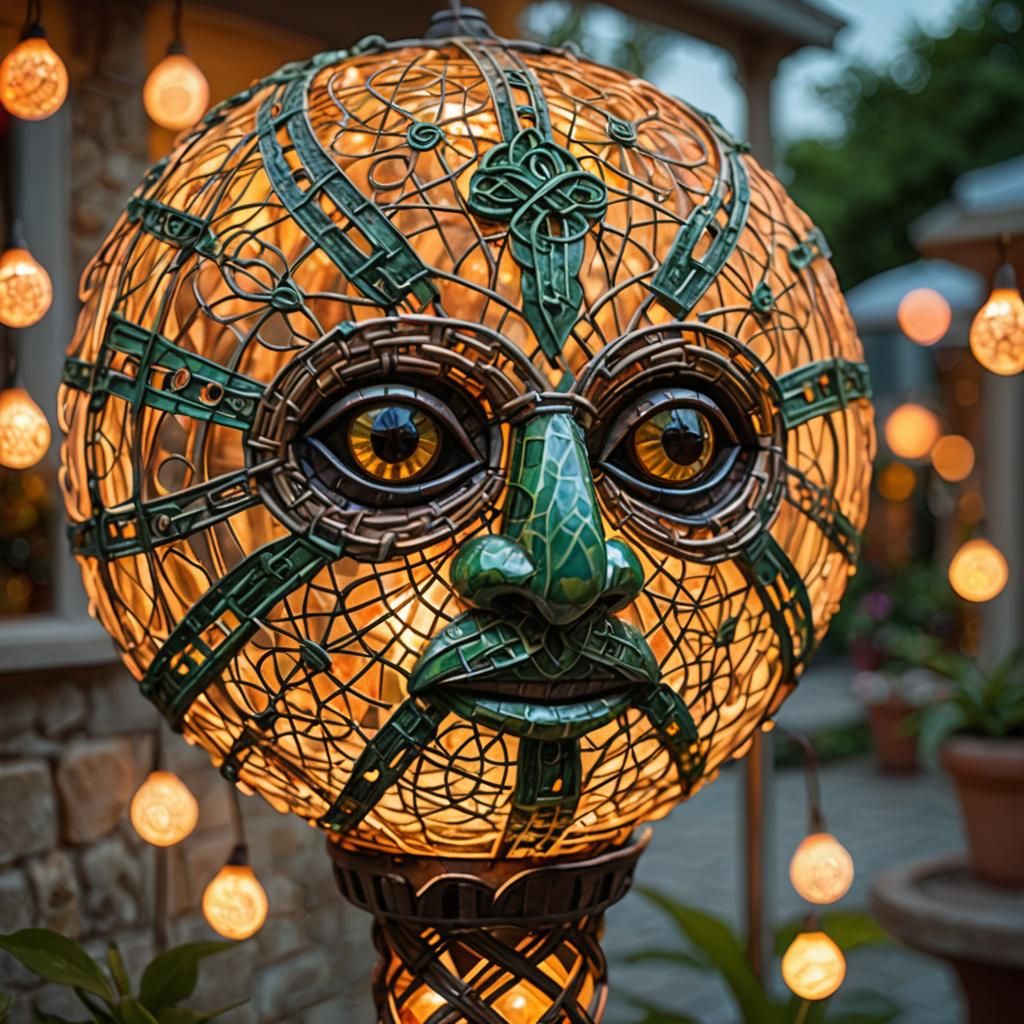 Whimsical Wicker Lamp on Summer Patio in Naive Art Style