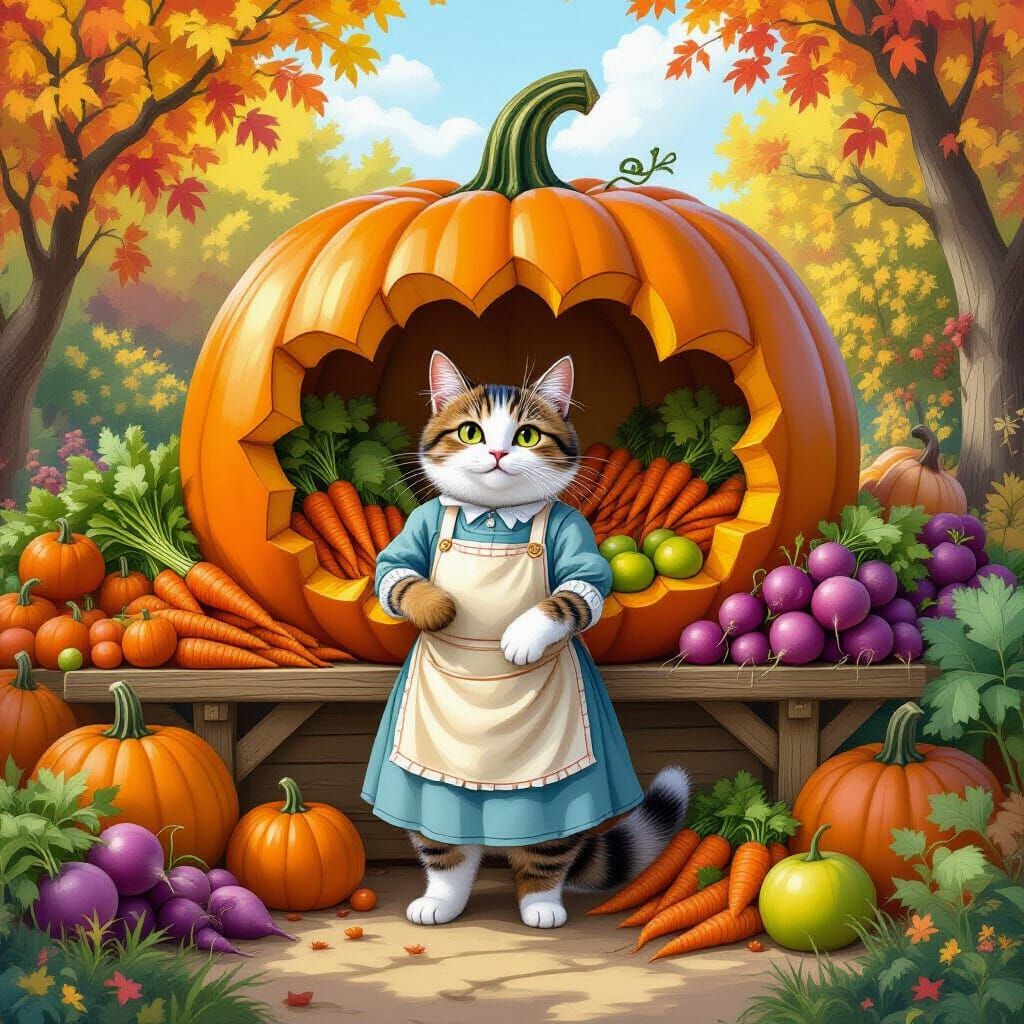 Whimsical Pumpkin Farmstand Managed by Cat in Painterly Styl...