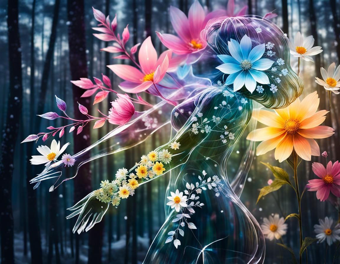 Crystal Flower Woman in Snowy Landscape