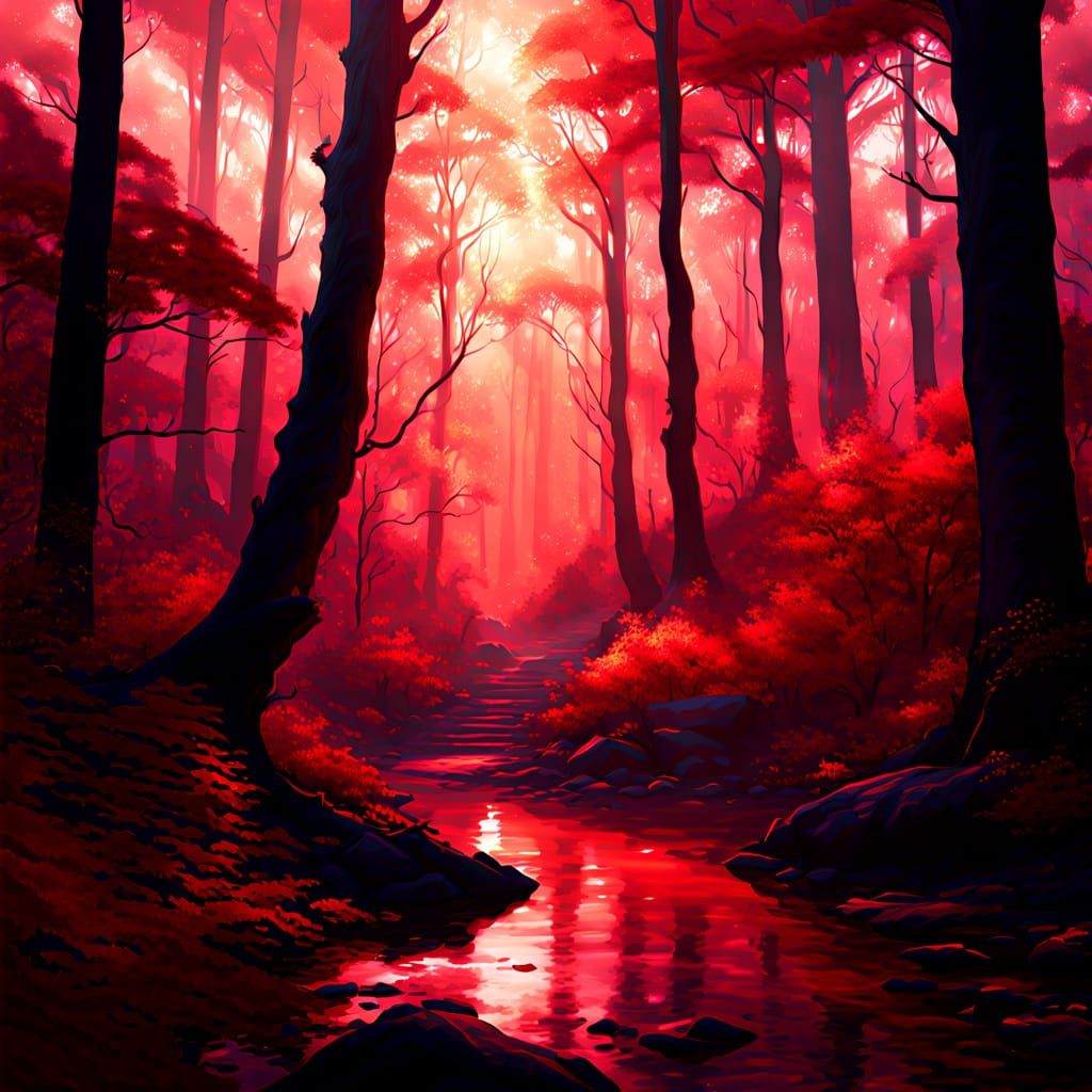 Ethereal Red Forest Digital Matte Painting