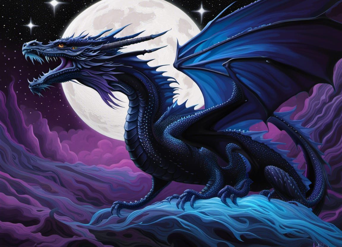 Magnificent Shimmering Black Dragon with Bioluminescent Wing...