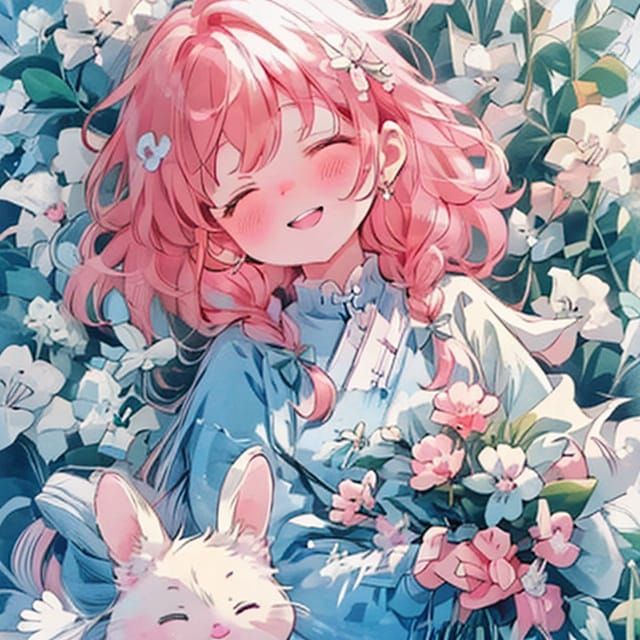 Anime Girl with Rosy Hair in Pastel Colors