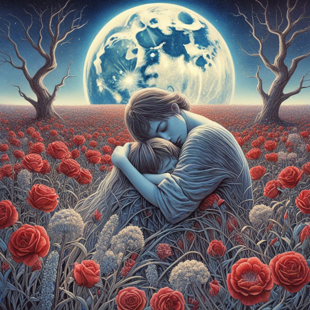Couple Embracing Under a Vibrant Harvest Moon in a Dreamy, R...